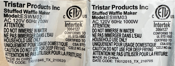 Label on the bottom of the waffle maker